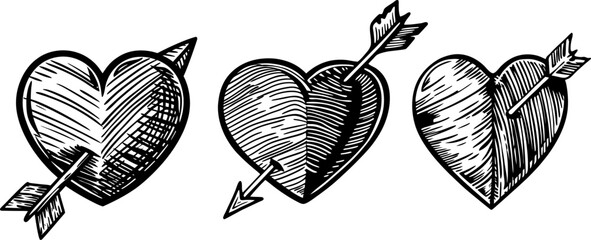 Hand drawn vintage hearts with arrows romantic love symbol, sketch illustration for valentine's day design
