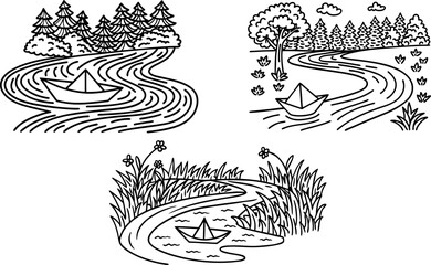 Paper boat floating on river, nature landscape with trees and grass hand drawn doodle illustration set