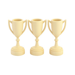Three cream colored trophy cups are displayed in row, each with classic design featuring two handles and sturdy base, symbolizing achievement and success