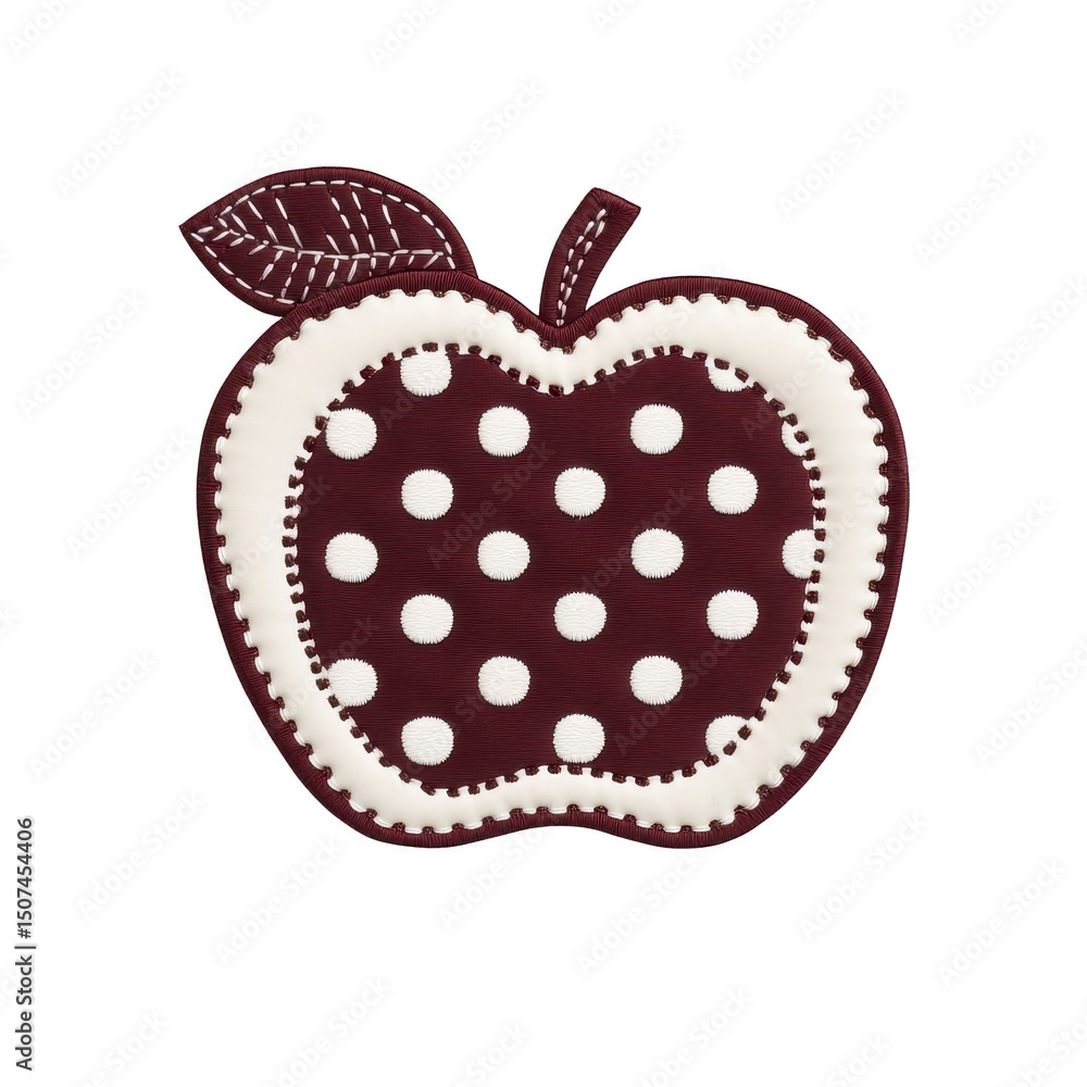 Poster polka dot apple patch with maroon and white color scheme, featuring stitched leaf and border, create