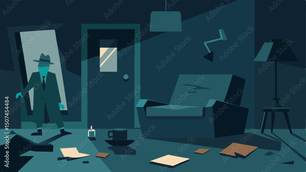 Poster background elements a dimly lit room with furniture in disarray emphasizing the chaotic scene while 