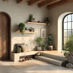 Minimalist room with potted plants and soft light creates peaceful ambiance, cozy interior design blending natural textures, peaceful setting perfect for home inspiration, 