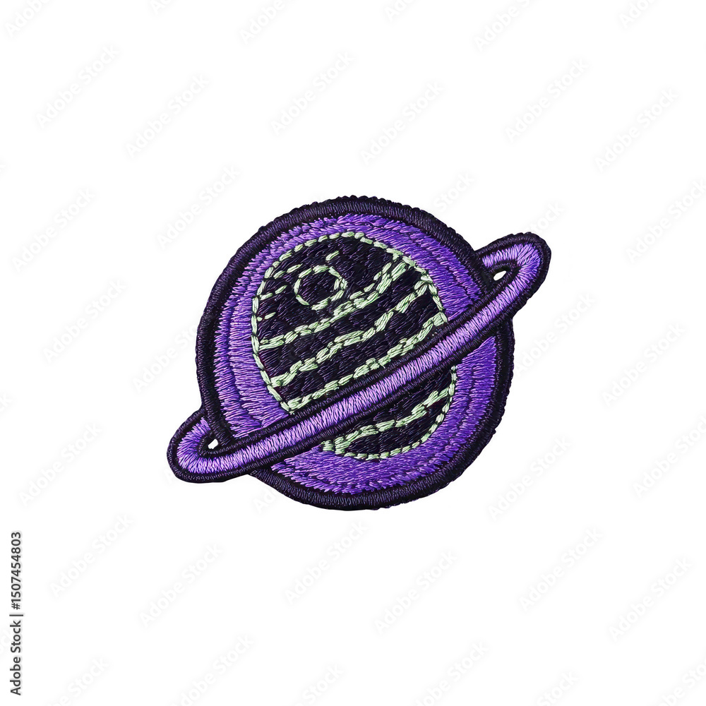 Poster vibrant embroidered patch features purple planet with ring, resembling saturn, set against transpare