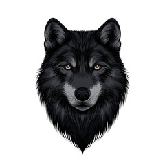 Fototapeta premium Detailed illustration of black wolf face, showcasing its piercing eyes and intricate fur texture, set against plain background. artwork captures mysterious and powerful essence of wolf