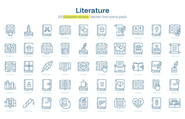 Literature line icon pack. Literature Stroke icon set. Editable Stroke icon