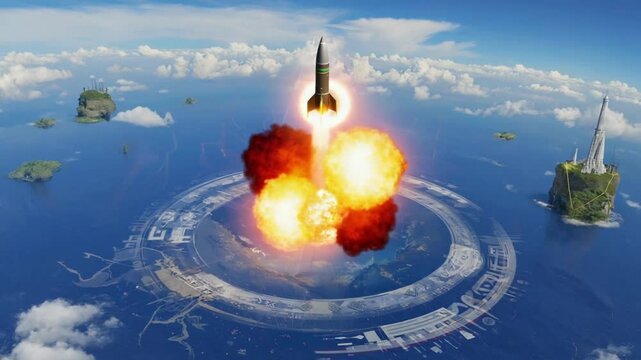 A colossal golden missile is fired temple in the sky, pushed by mechanical angel wings. Its trail is divine fire, sacred runes, clouds parting symmetrically, final explosion celestial eye Earth