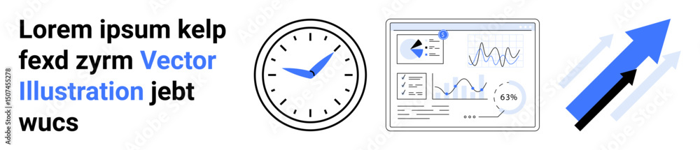 Poster analog clock, data dashboard with analytics graphs, and rising arrows. ideal for business growth, da