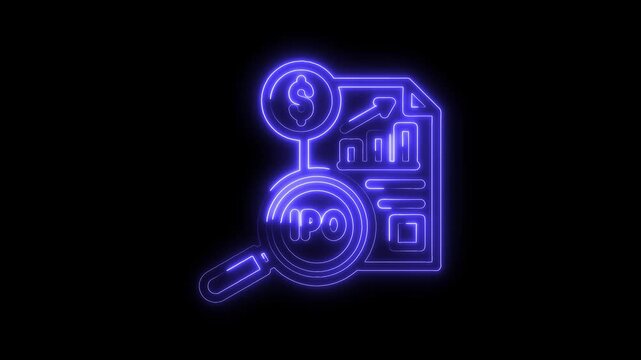 Ipo market analysis with magnifying glass and dollar sign neon light on black background