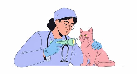 Veterinarian Examining Pink Cat Using Flashlight for Healthcare Checkup