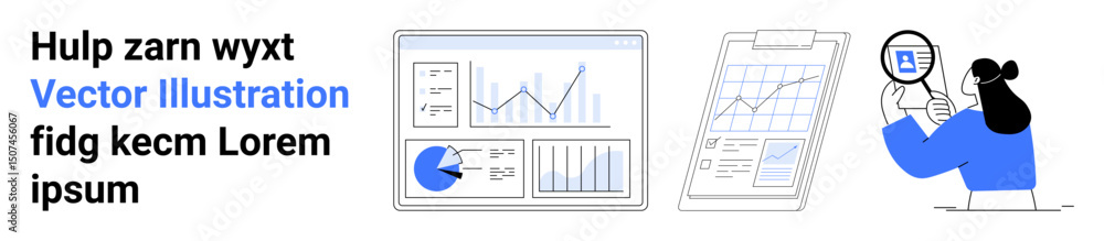 Poster analytical graphs, charts on screens, clipboard with statistics, person examining a document using a