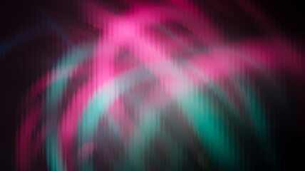 Abstract glowing light streaks in vibrant pink and teal forming dynamic curves on dark background. Energetic motion blur effect, futuristic design element.