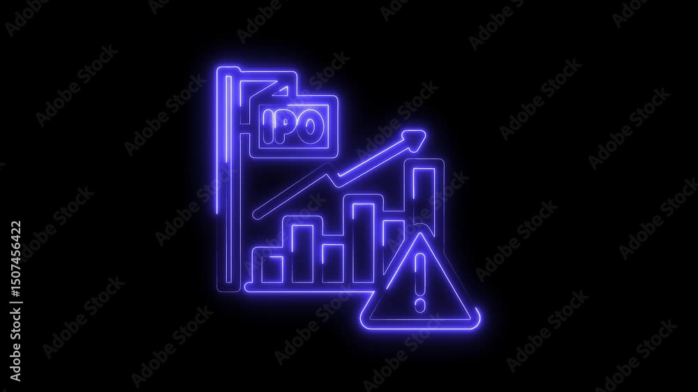 Poster animated initial public offering graph with warning symbol in blue neon glow