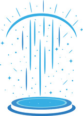 A blue hologram portal and a magic fantasy portal are depicted, along with a magic circle teleport podium that features a hologram effect, all set against a transparent background with vector blue