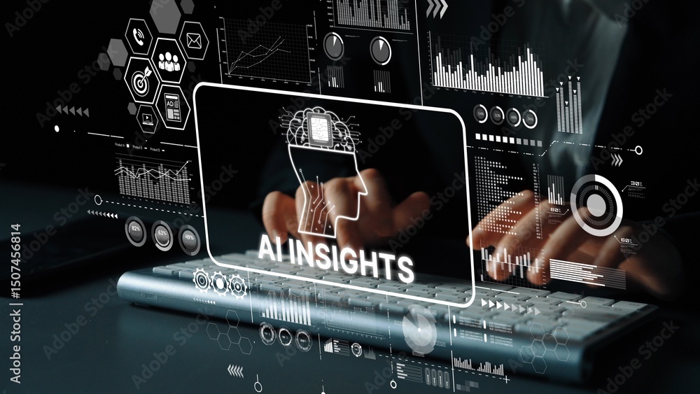 Poster Futuristic Interface Showing AI Insights and Data Visualization with Hands on Keyboard. Asymptotic smart data analytic.