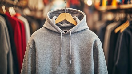Fototapeta premium Grey hoodie on hanger in clothing store with folded sweatshirts in background.