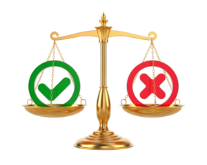 Rejection sign and check mark on scale. White background. Isolated 3D illustration