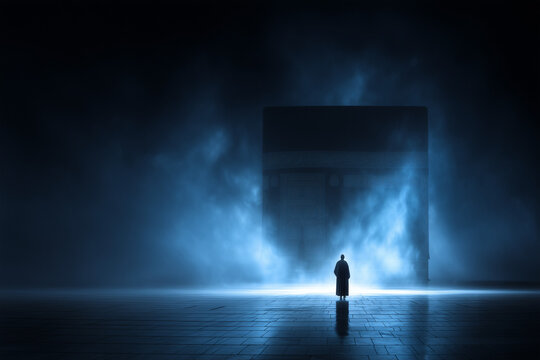 silhouette of a man standing in front of kaaba