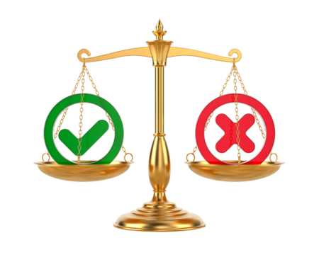 Rejection sign and check mark on scale. White background. Isolated 3D illustration