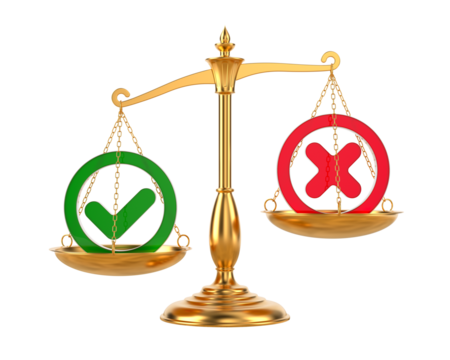 Rejection sign and check mark on scale. White background. Isolated 3D illustration