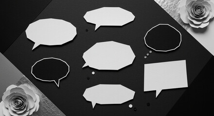 Blank speech bubbles on a dark background with floral accents  
