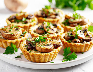 Mushroom tarts on a plate, appetizers. AI