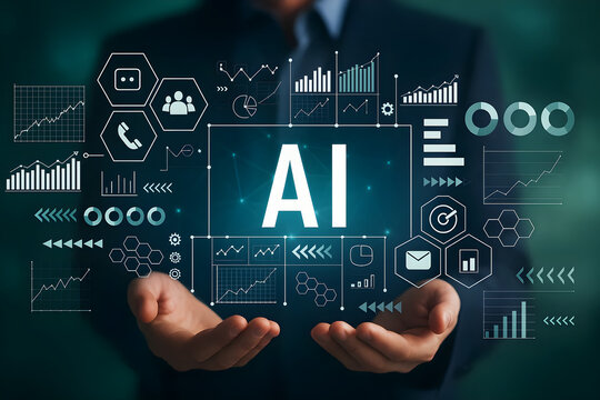 Ai artificial intelligence technology concept with data analysis and machine learning model trend holding on hand