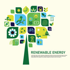 Eco-Friendly Concept Tree with Sustainability Icons – Flat Design Vector
A modern vector illustration of a stylized green tree composed of abstract leaf shapes containing various eco-friendly icons. 