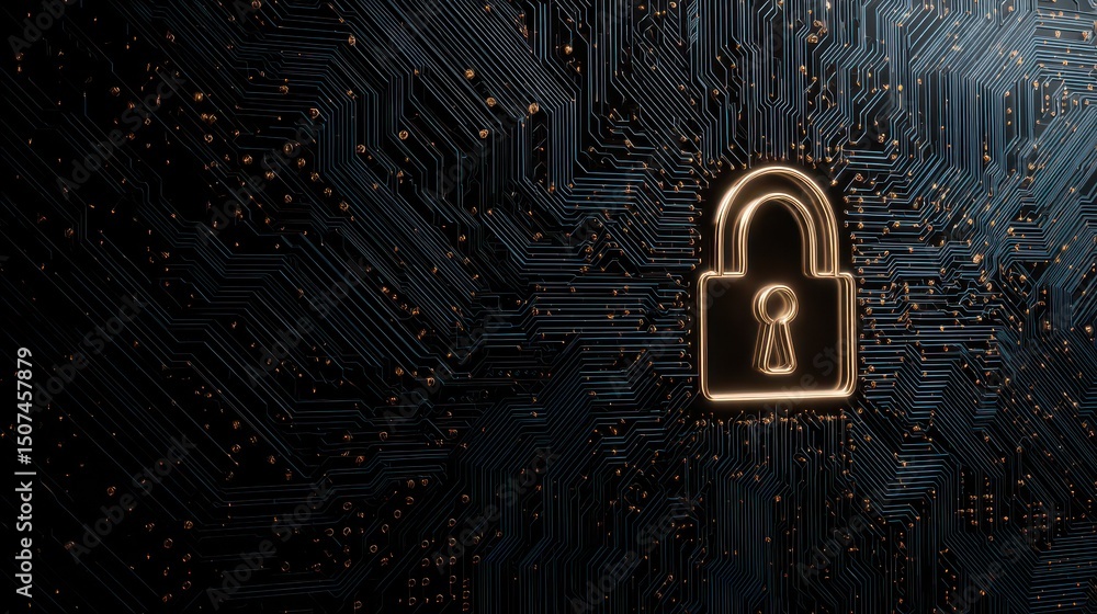 Poster digital lock icon on a circuit board background representing data security and cyber protection in m