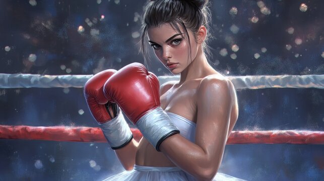 Female boxer in tutu and gloves standing confidently in ring under bright lights. - Powered by Adobe
