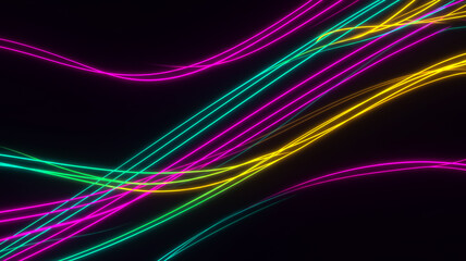 Glowing neon light wavy lines (yellow, pink, teal) on black background. Abstract dynamic motion design element, futuristic energy streaks, vibrant color.