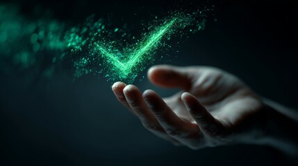 Hand touching glowing green digital check mark on dark blurred background concept.