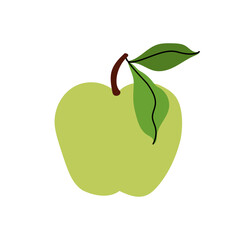 Simple green apple on white background. Hand drawn icon fruit with green lives. Farm and agriculture, organic food. Flat vector illustration for packaging, branding, menu, recipe.
