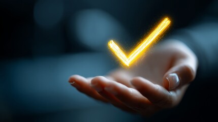 Glowing golden checkmark floating above open hand in magical light burst.