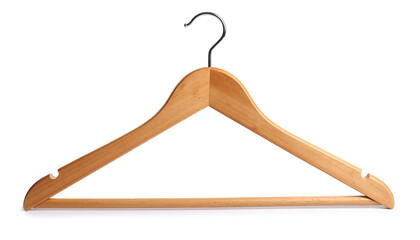 Simple wooden clothes hanger isolated on white background