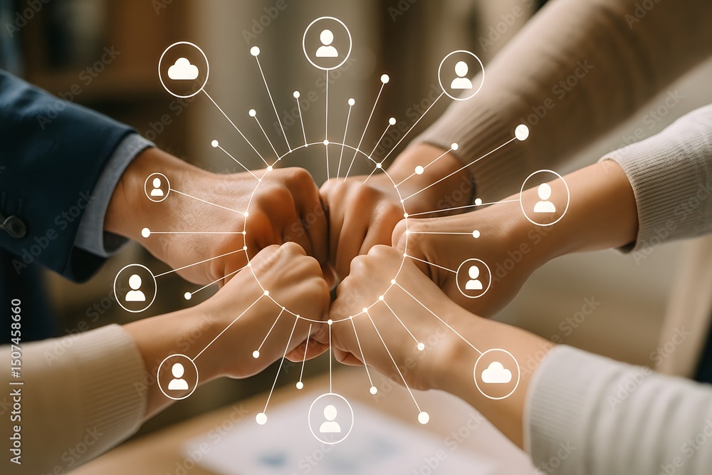 Poster teamwork and connection, a group of diverse hands joined together in a fist bump, symbolizing unity 