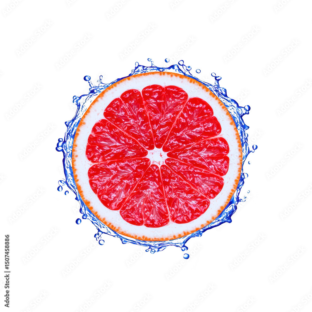 Poster vibrant slice of grapefruit with juicy red segments is surrounded by splashes of water, creating ref