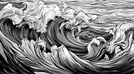 Captivating sea view in artistic illustration style, where large waves curl and overlap with exquisite line details. A high-resolution visual of ocean power and grace.