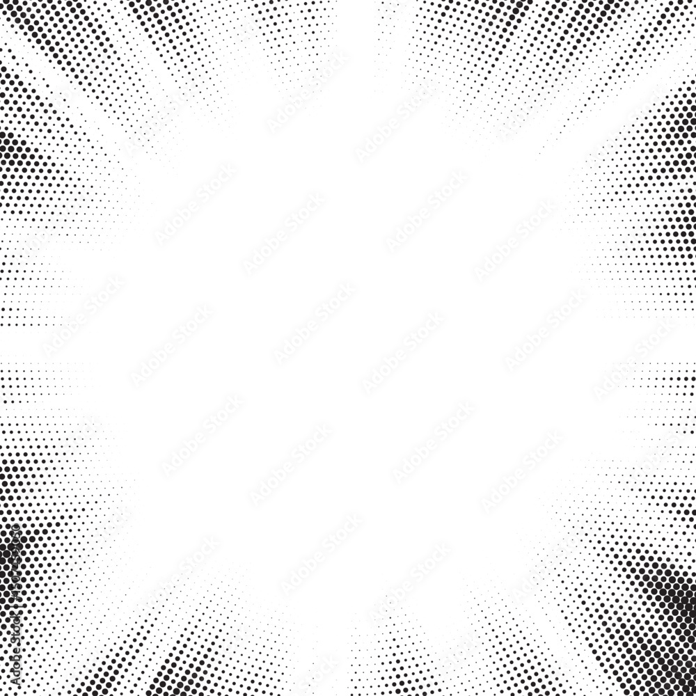 Poster Halftone gradient sun rays pattern. Abstract halftone vector dots background. monochrome dots pattern. Vector background in comic book style with sunburst rays and halftone. Retro pop art design.