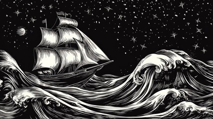 Dark sailing ship journeys across surreal ocean waves drawn with thousands of tiny curls and stylized swirls.