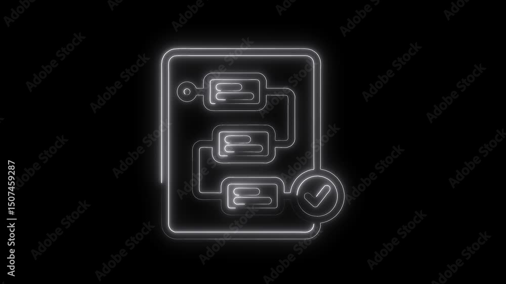 Aufkleber neon workflow diagram with check mark complete shows process flow for business