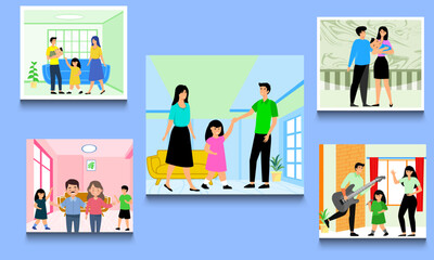 Set of mom and dad characters with baby. Happy young parents with children.Happy family portrait contain father mother son daughter baby.