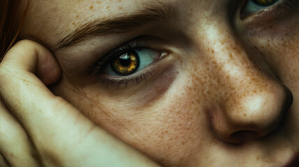 Sharp close-up of a young woman with emotional expression, soft lighting, and intense eyes revealing vulnerability, inner turmoil, and the quiet drama of a deeply personal moment