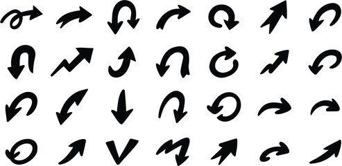 Hand drawn directional arrow icon collection with sketchy curved, straight and looped arrow symbols in black