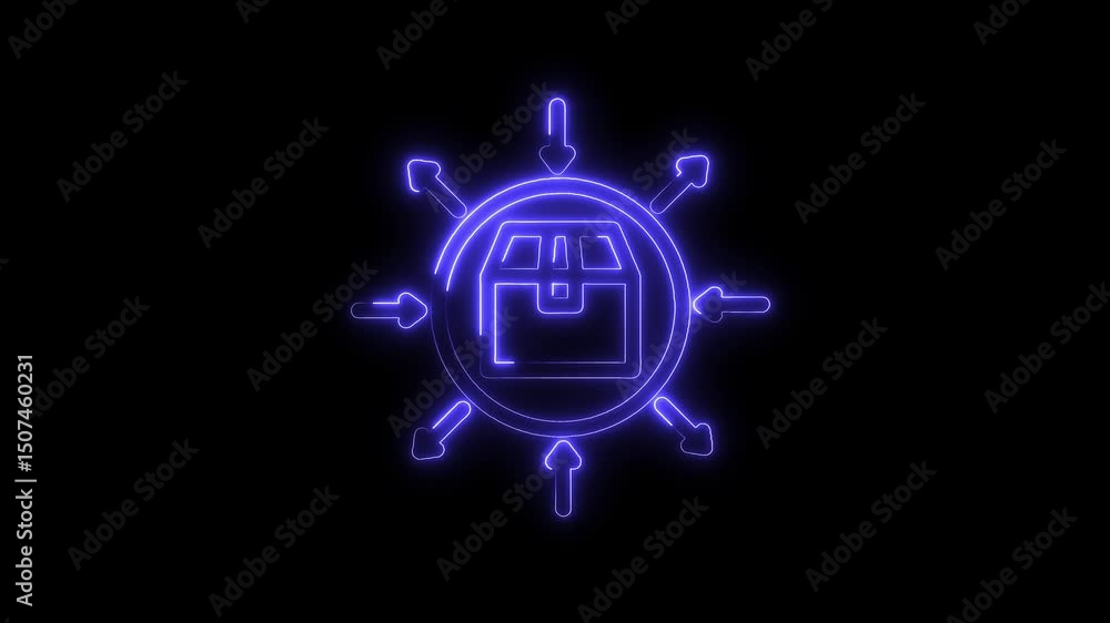 Poster neon style distribution network with cardboard box and incoming arrows on a black background
