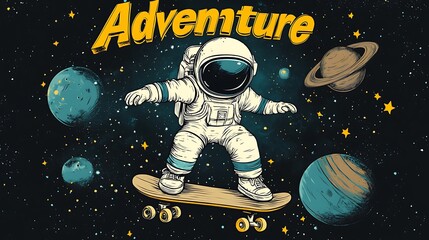 Naklejka premium Astronaut skateboarding through space.