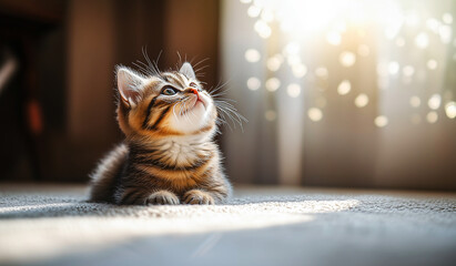 Cute playful tabby kitten sitting on floor and looking up in bright sunny room with bokeh background. Pet care, veterinary