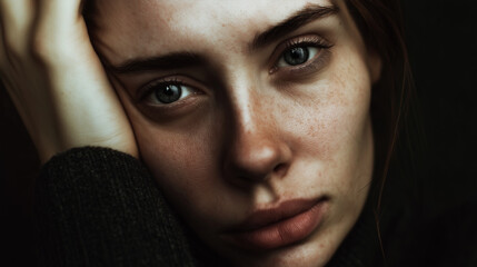 Fototapeta premium Emotional close-up of young woman under soft lighting, her intense eyes and expressive face capturing raw vulnerability and a poignant, introspective mood