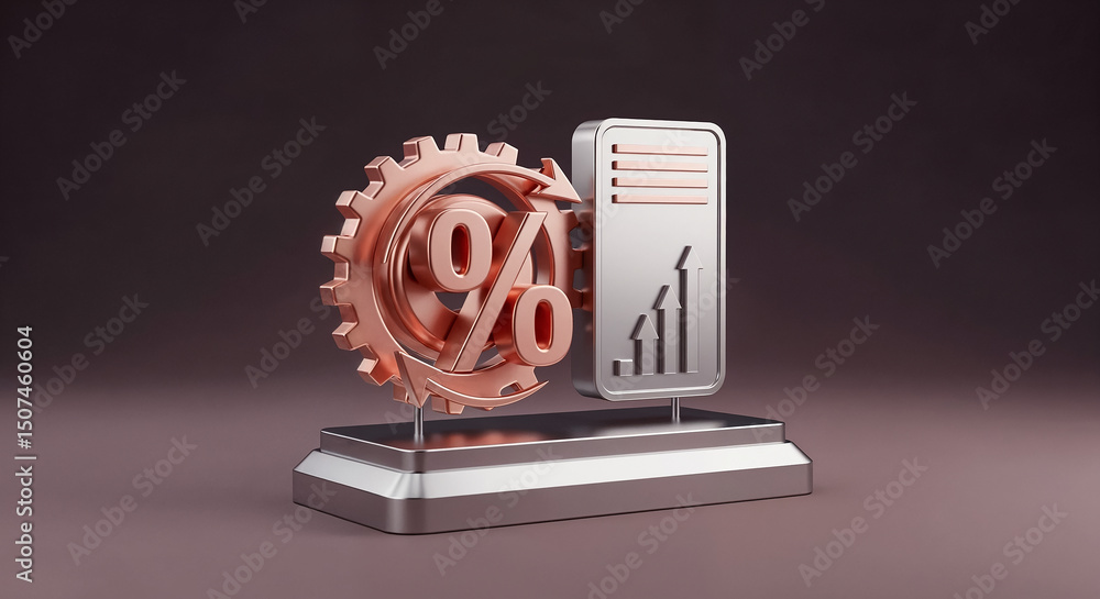 Poster percentage symbol with rotating gear and growing chart symbolizing increasing interest rate