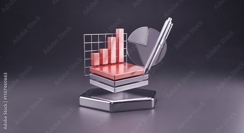 Aufkleber pen drawing business chart, pie graph and grid on hexagonal platform
