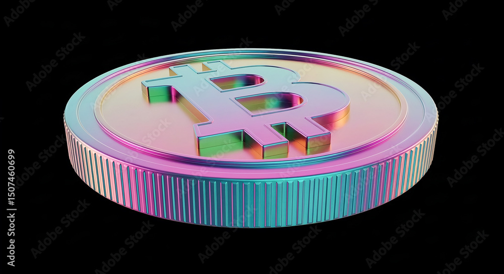 Aufkleber iridescent bitcoin cryptocurrency coin rotating on black background